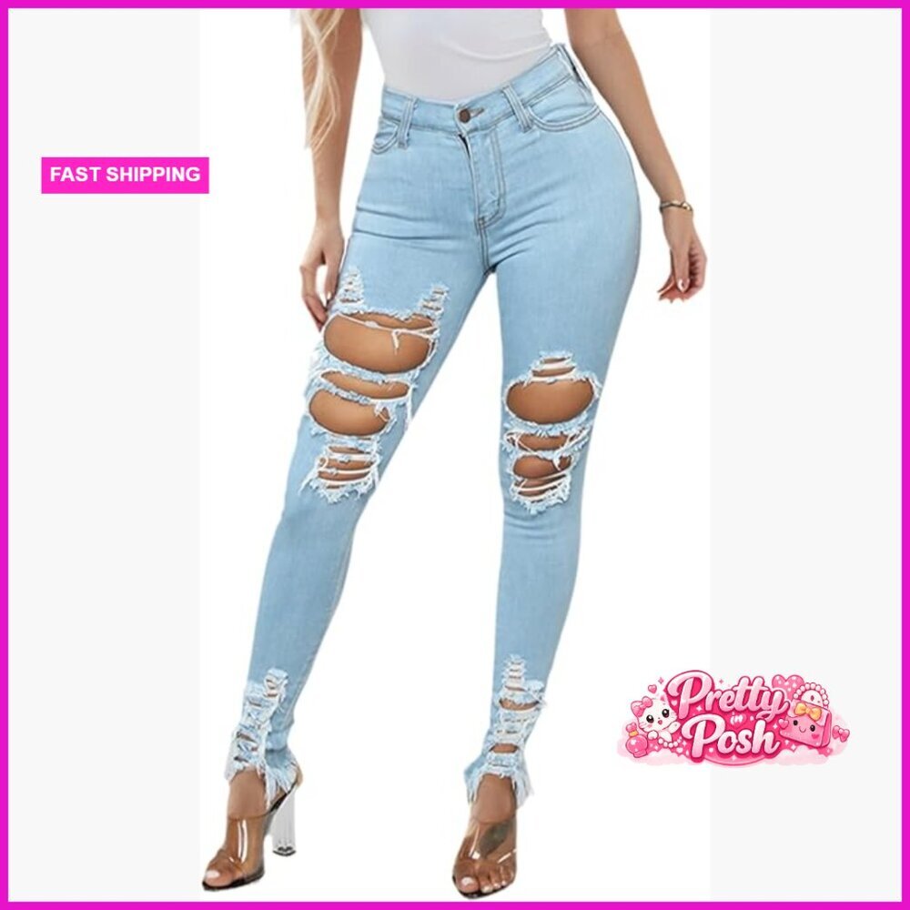 Ripped Skinny Jeans Destroyed Mid Rise Stretch Denim Pants